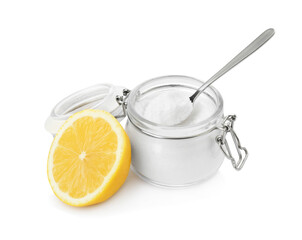 Baking soda and lemon on white background
