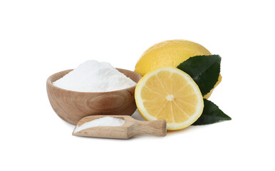 Baking soda and cut lemons on white background
