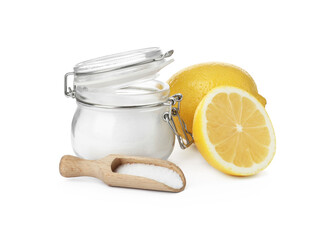 Baking soda and cut lemons on white background