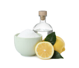 Baking soda, vinegar and lemon on white background