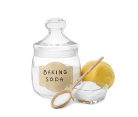 Baking soda and lemon on white background