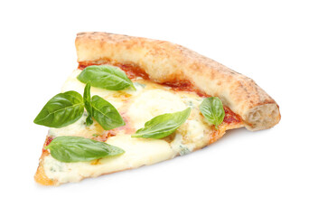 Slice of delicious pizza on white background