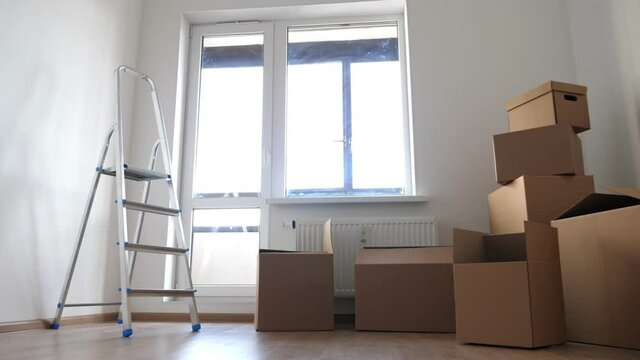 Packed household boxes in empty room , flowers, ladder in room. Movement concept