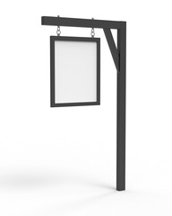 White Blank Hanging Wooden Frame Advertising Sign  Display Mock up. 3d render illustration.