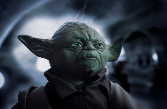 NEW YORK, USA, JUNE 21 2020: Portrait of Jedi Master Yoda from Star Wars in his hut on Dagobah - Empire Strikes Back
