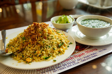 Fried rice and soup served in the restaurant central city of Hanoi, Vietnam