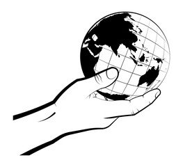 man carefully holds the globe in his hand. Choosing a destination for travel. Global view of the world. Isolated vector on white background
