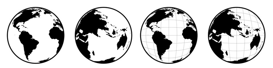 Icons of hemisphere of the globe with continents and continents. Black white vector © RNko