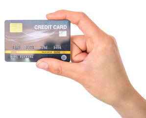 Someones hand holding credit card isolated on white background.