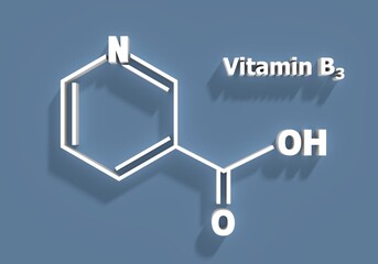 Structural chemical formula of niacin. Nicotinic acid or vitamin b3. 3D rendering.