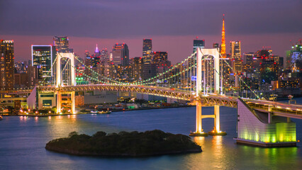 Romantic city night view of Odaiba, Tokyo , Rainbow bridge and Tokyo Tower landmark Twilight scene, Odaiba, Japan with selective focus. - obrazy, fototapety, plakaty