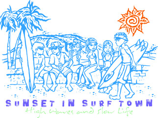 Naklejka premium Vector illustration of young people on the beach with surfboards.