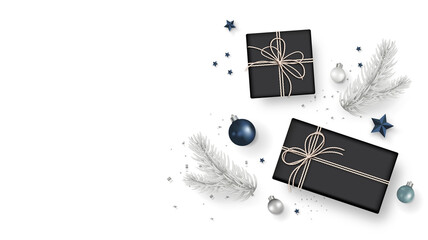 Fototapeta na wymiar Vector Christmas composition, black craft gift box, Pine tree branch, Christmas balls, Star and Confetti isolated on white background. Top view with copy space. Minimal style. Vector illustration.