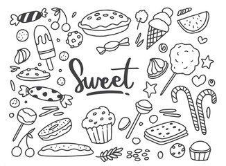 Set of drawings on the theme cakes. Cakes, pies, bread, Desserts, sweets, ice cream, muffin and other confectionery products. vector illustration