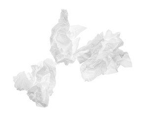Fototapeta premium Used crumpled paper tissues isolated on white, top view
