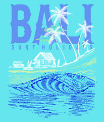 Vector illustration of coastal landscape with house, palm trees and surf motives.