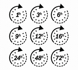 Clock arrow 1, 3, 6, 9, 12, 16, 24, 48, 72 hours. Set of delivery service time icons. EPS 10