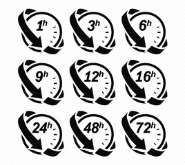 Clock arrow 1, 3, 6, 9, 12, 16, 24, 48, 72 hours. Set of delivery service time icons. EPS 10