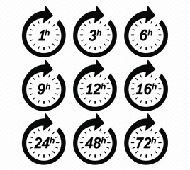 Clock arrow 1, 3, 6, 9, 12, 16, 24, 48, 72 hours. Set of delivery service time icons. EPS 10