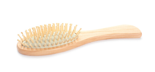 New wooden hair brush isolated on white