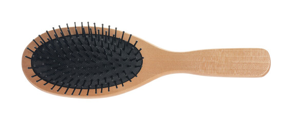 New wooden hair brush isolated on white, top view