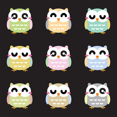 Cute cartoon owls set. Vector illustration
