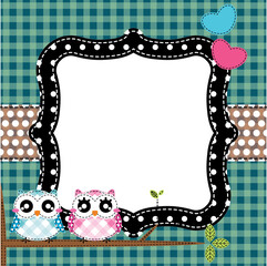 Frame of cute owls on tree branch. Vector illustration