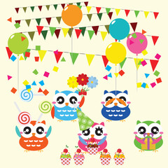 Set of birthday party elements with cute owls. Vector illustration