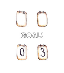 watercolor illustration. information metal signs with the result of the score in a football match. isolated on a white background