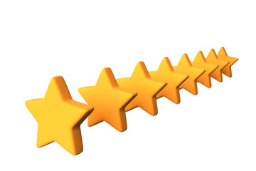 3d illustration 5 golden stars stands in a row on white isolated background. The concept of evaluation of restaurants, hotels and others. First-class star rating