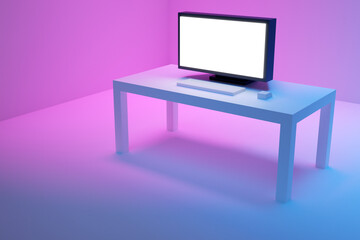 3d illustration of a large flat tv stands on a white coffee table on a blue-pink background. A place for home relaxation