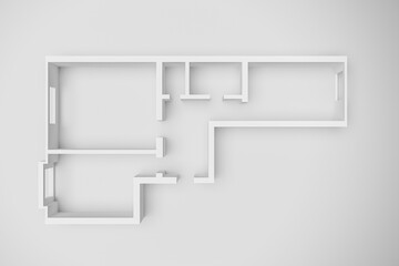 3d interior rendering of an empty paper model of an apartment house with two bedrooms, a large living room and kitchen, bathroom and toilet on a white background