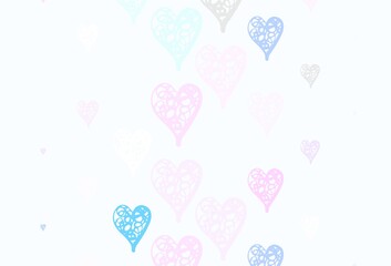 Light Pink, Blue vector template with doodle hearts.