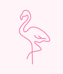 Pink flamingo bird line art doodle logo silhouette isolated on pink background. hand drawn vector illustration