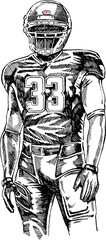 American Football Player. Vector monochrome illustration of American football player in sketch style.