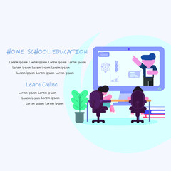 Home education online ,Online early childhood education courses, E-learning watch a lecture given by a teacher on a computer monitor and study
,preschoolers at distance learning, Stock vector flat ill