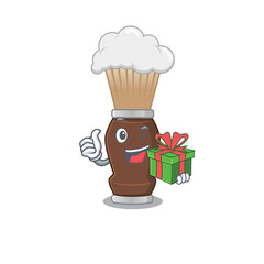 Shaving brush cartoon character concept with a big gift box