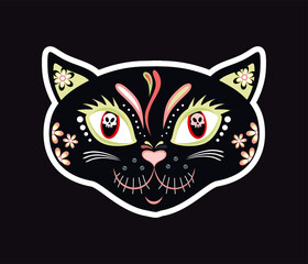 black and white cat with heart. Vector illustration of cat with Mexican folk motifs.