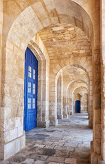 The view of portico roofed colonnaded terrace of the Malta Maritime Museum in Vittoriosa. Malta.