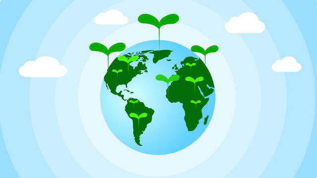 green planet earth with leaves, World conservation concept and cloud isolated on blue background, Vector illustration