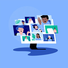 Diverse characters participating in the online conference call. Friends meeting up online. Team working from home via videocall.