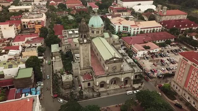 Manila, Philippines - Oct 2019: Aerial of Manila Cathedral in Intramuros. Also known as Metropolitan Cathedral of the Immaculate Conception