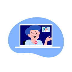 Flat illustration of two women speaking via video call on the laptop screen