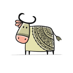 Funny sketch bull. Lunar horoscope sign. Happy new year 2021. Bull, ox, cow. Template for your design - poster, card, invitation