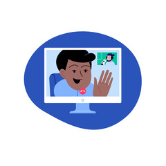 Flat illustration of two men speaking via video call on the monitor screen