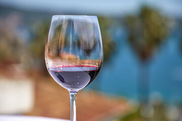 glass of red wine against sea