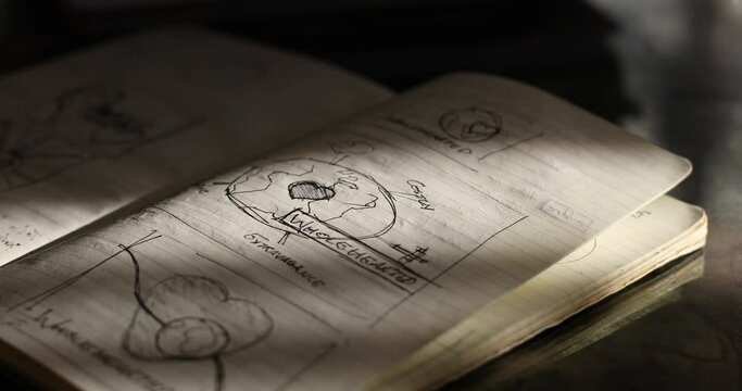 An open old notebook is placed on table with drawings and the word wholehearted
