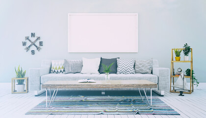 3d Illustation - Skandinavisches, nordisches Wohnzimmer mit einem Sofa, Tisch und einem leeren Bilderrahmen - Textfreiraum - Platzhalter - Retro Look