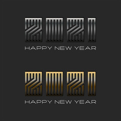 2021 logo number metallic font and text Happy New Year black background, steel maze thin lines minimal style, design element for typography greeting card, calendar linear emblem