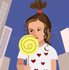 Little girl with lollipop on violet background